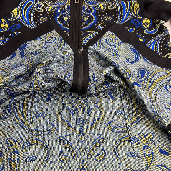 Misook Paisley Knit Zip Up Hip Length Cardigan Sweater Black Blue Yellow Size S - Picture 6 of 14